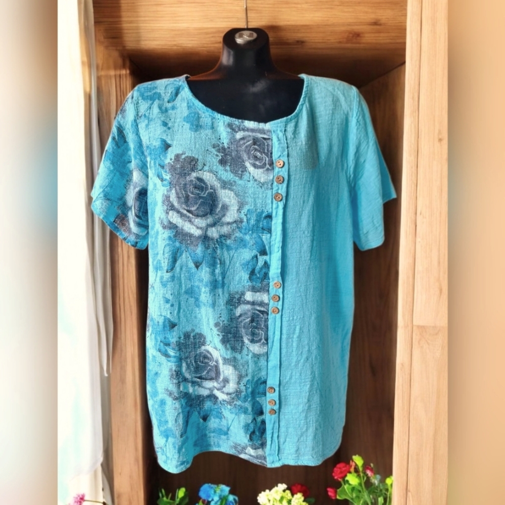 Cherishh Made In Italy Floral Women Tunic Top - Turquoise & Navy